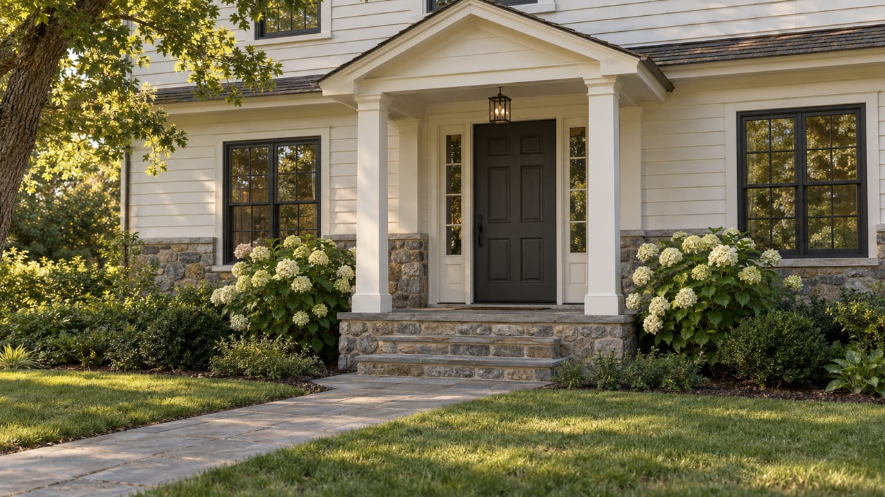 Traditional house entry with charcoal six-panel door, stone porch, bluestone steps, and oak branches overhead.