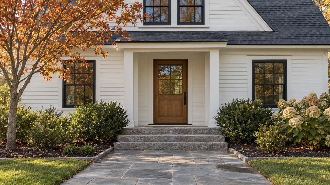 White clapboard house with a recessed oak entry, granite steps, and copper-orange serviceberry leaves crossing the gable.