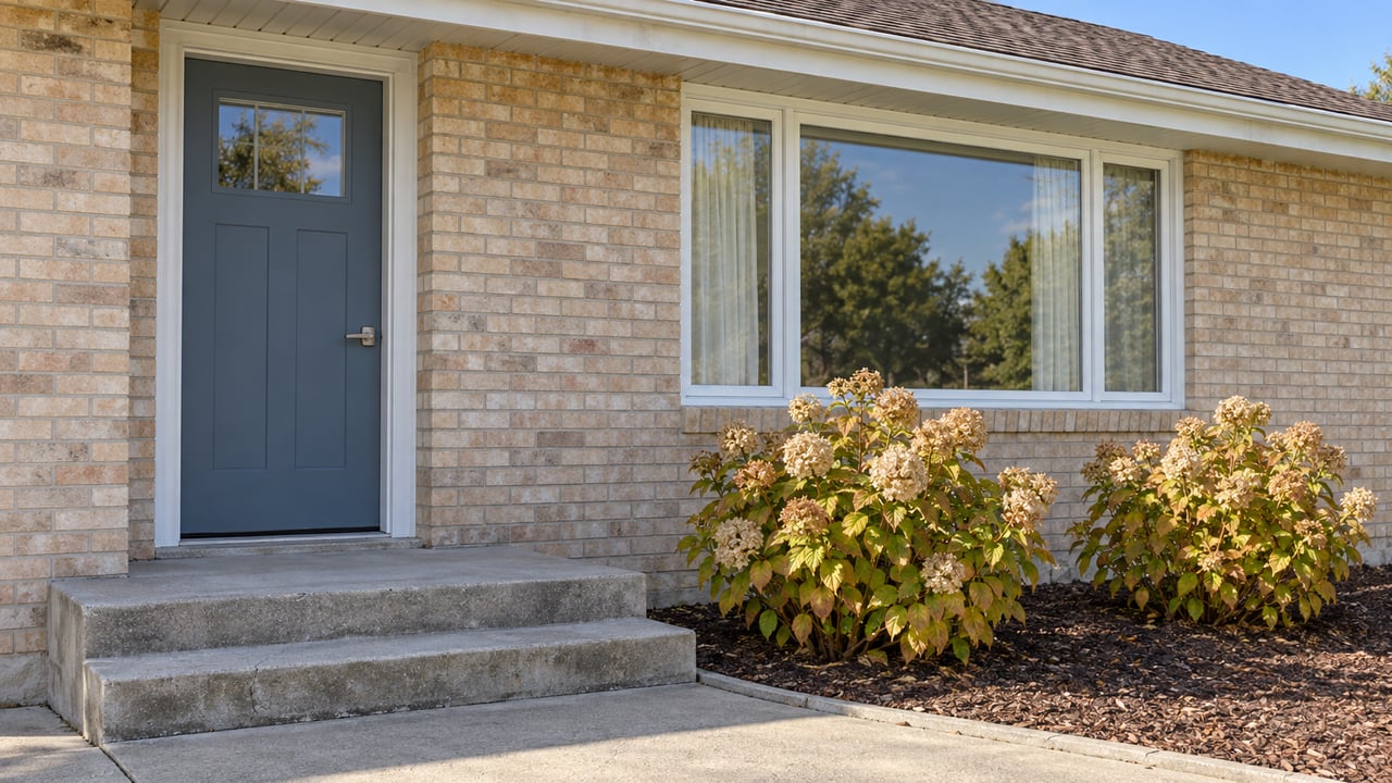 Buff-brick home entry with a slate-blue door, white-framed picture window, concrete steps and two hydrangeas with dried cream blossoms.