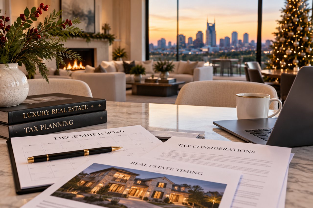 Luxury home interior overlooking the Nashville skyline with December 2026 calendar, tax planning documents, and real estate paperwork, highlighting year-end tax considerations and timing strategies for luxury home buyers in Tennessee.