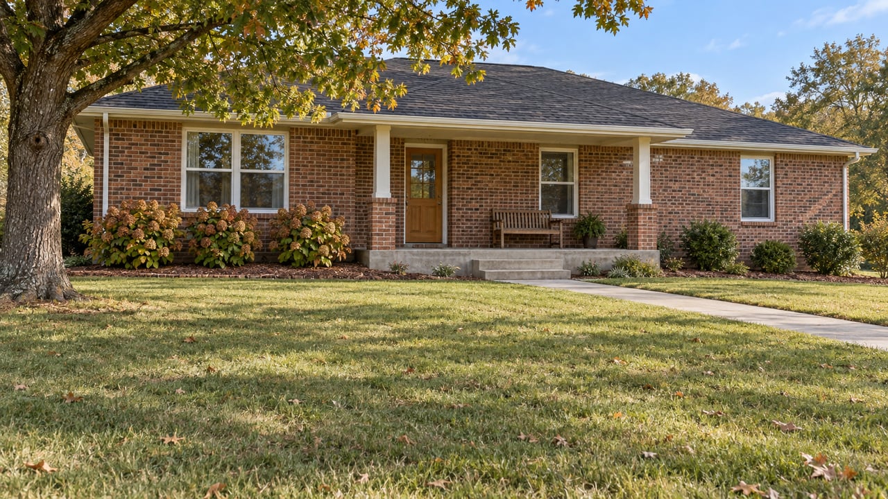 A red-brown brick ranch with a shaded front porch, broad autumn lawn, and mature oak tree in afternoon sunlight.