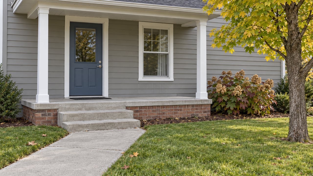 Covered entry of a gray siding home with a blue door, concrete steps, oakleaf hydrangeas and a maple beginning to turn yellow.