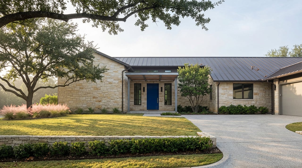 Limestone home with a cobalt-blue door, oak canopy, broad lawn, and curved motor court.