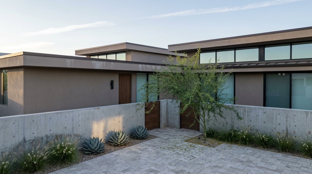 Shared courtyard between two stucco dwellings, with a palo verde tree, agaves, and paved entry path.