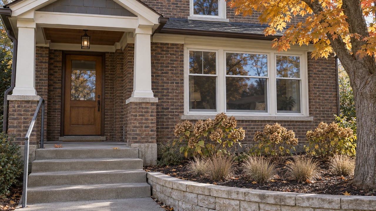 Autumn sunlight on a traditional brick home's covered entry, white-framed windows, concrete steps and limestone-edged planting bed.