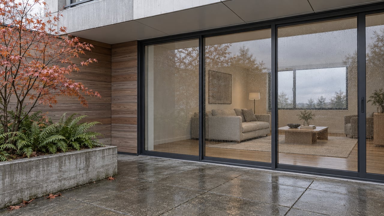 Rain-darkened terrace beside a contemporary home with cedar cladding, large closed glass doors and a copper-leaved Japanese maple.