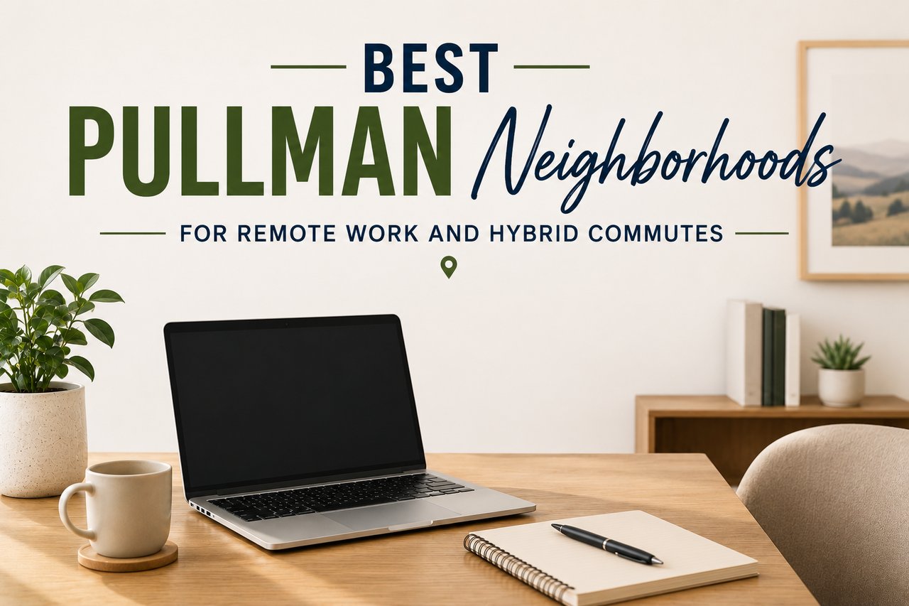 Modern illustration comparing neighborhoods in Pullman, Washington for remote work, home offices, and hybrid commuting lifestyles.