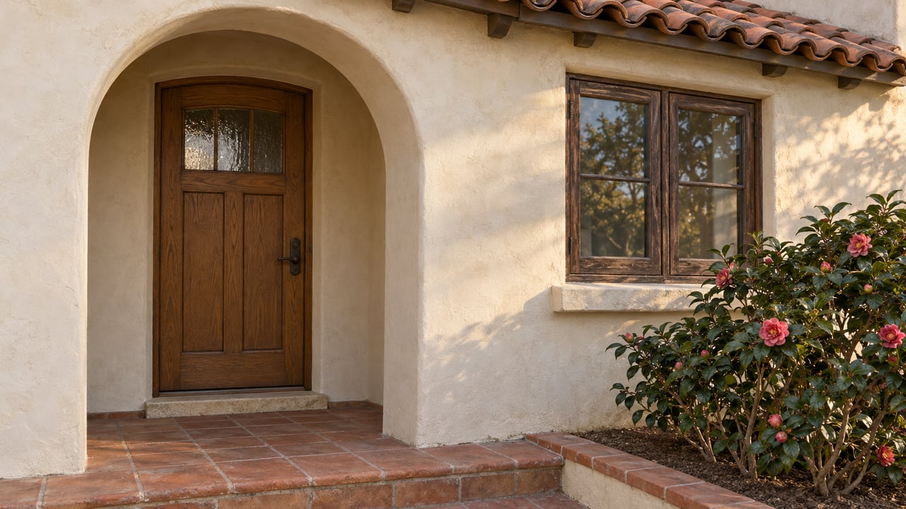 Close view of an ivory stucco arched entrance, oak door, terracotta paving and a camellia beside a wood-framed window.