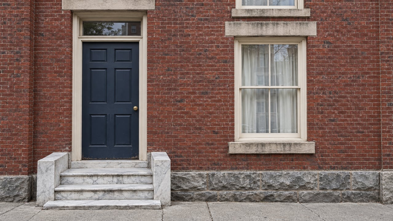 Red-brick residence with a midnight-blue door, cream-framed sash windows and gently worn white marble entrance steps.