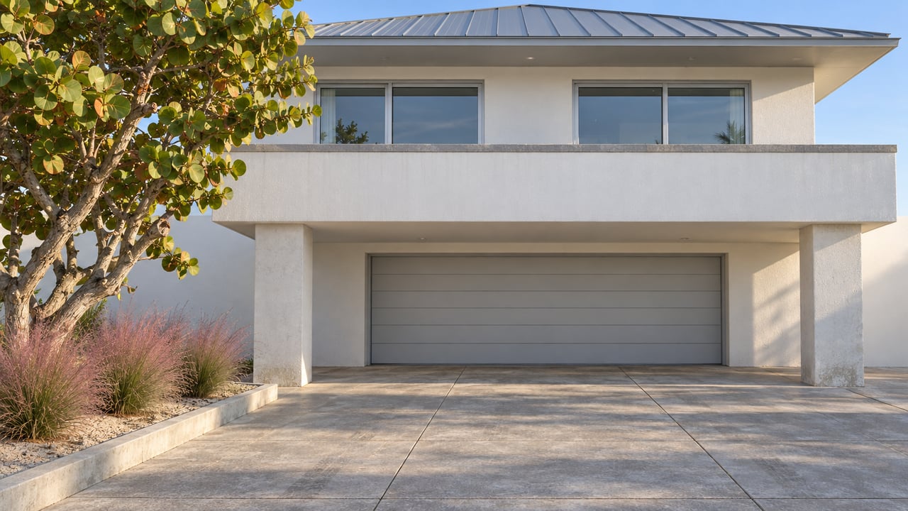 Modern white two-story house with a metal roof, wide garage, and paved driveway.