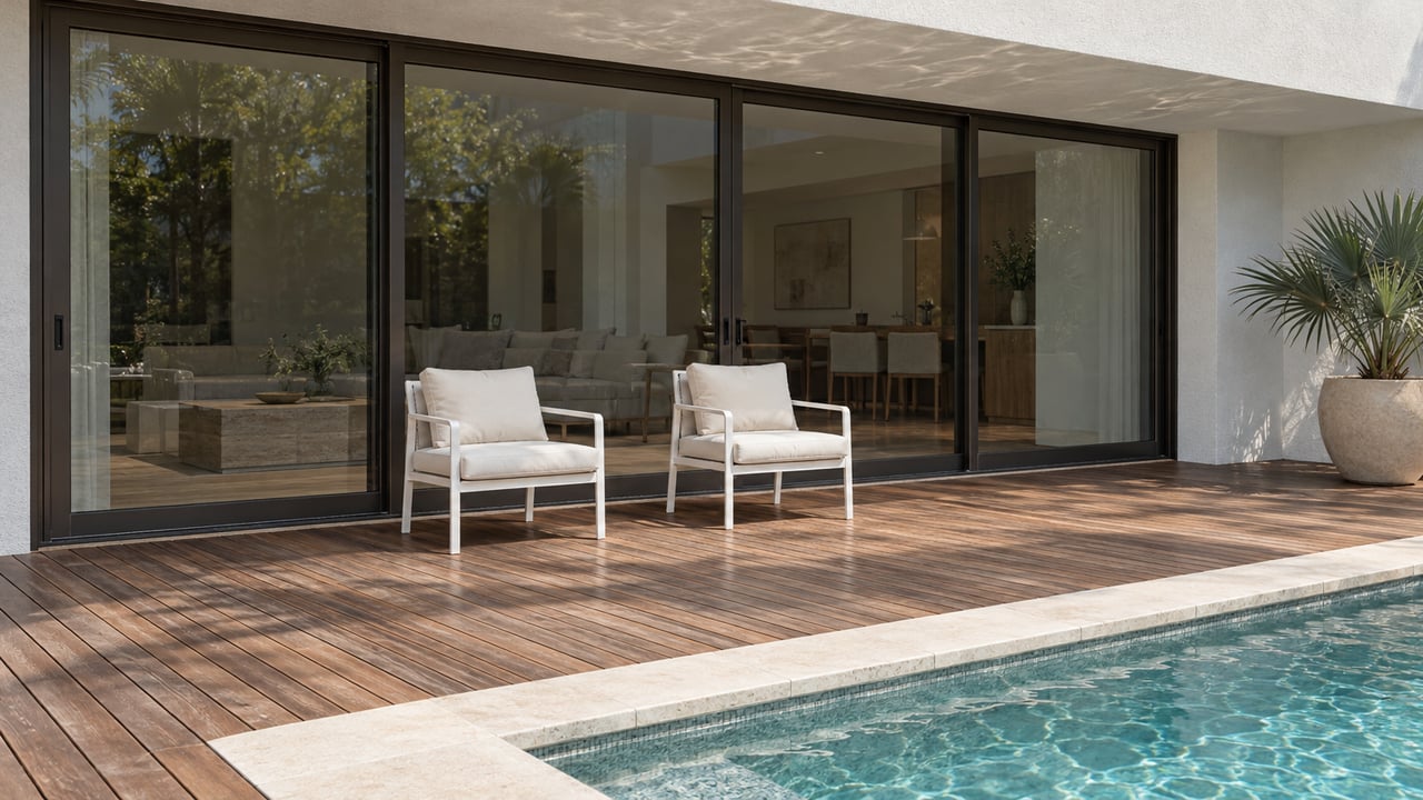 White stucco home with bronze-framed sliding glass doors, two white terrace chairs, weathered hardwood decking and pale stone pool coping.