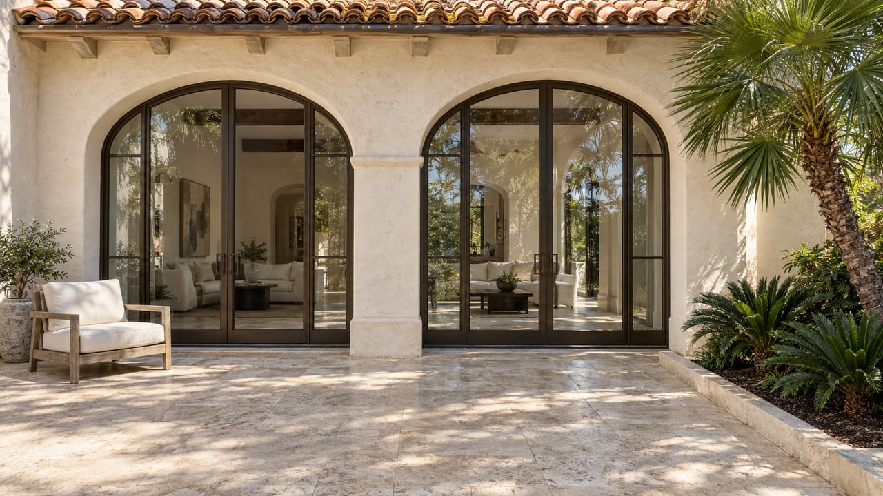 Cream stucco loggia with bronze-framed glazed arches, limestone paving, a teak lounge chair and a fan palm in a raised planting bed.