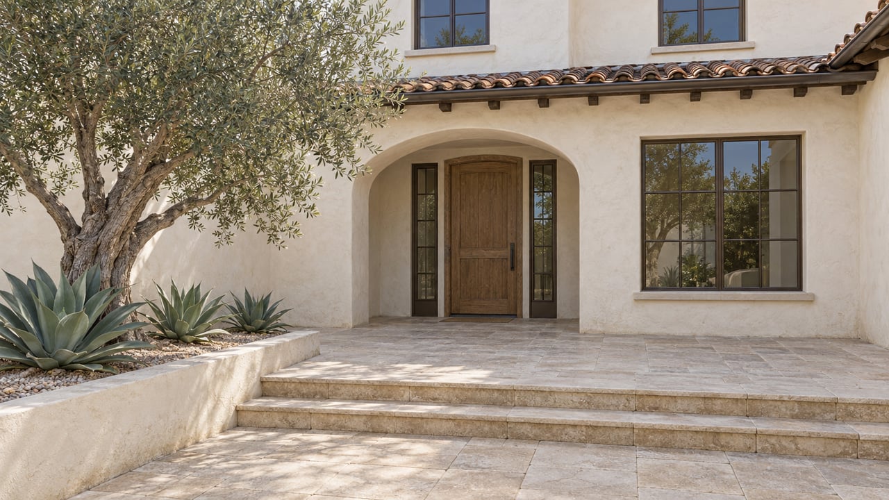 Ivory stucco home with a clay-tile roof, arched oak entrance, limestone courtyard and a sculptural olive tree.