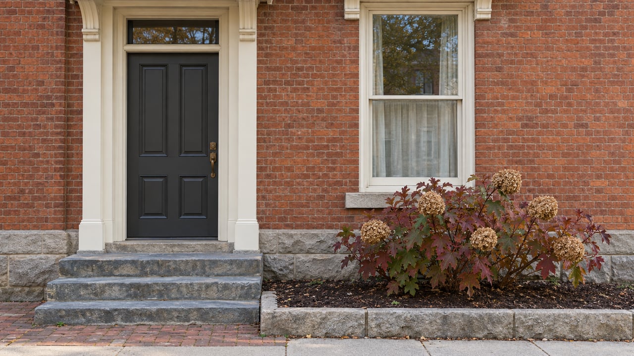 Red-brick home with a charcoal entry door, white-trimmed window, bluestone steps and an autumn oakleaf hydrangea.