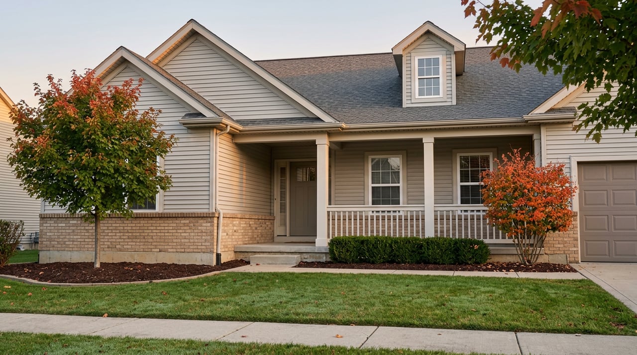 Suburban house with tan brick, gray-beige siding, covered porch, and crimson-orange autumn trees.
