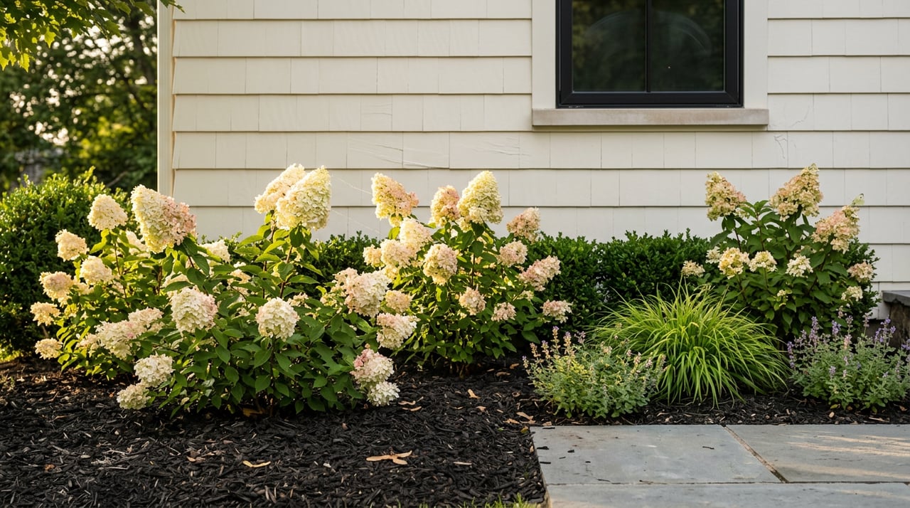 Hydrangeas and a paver walkway in front of a shingled home in Norwood, NJ