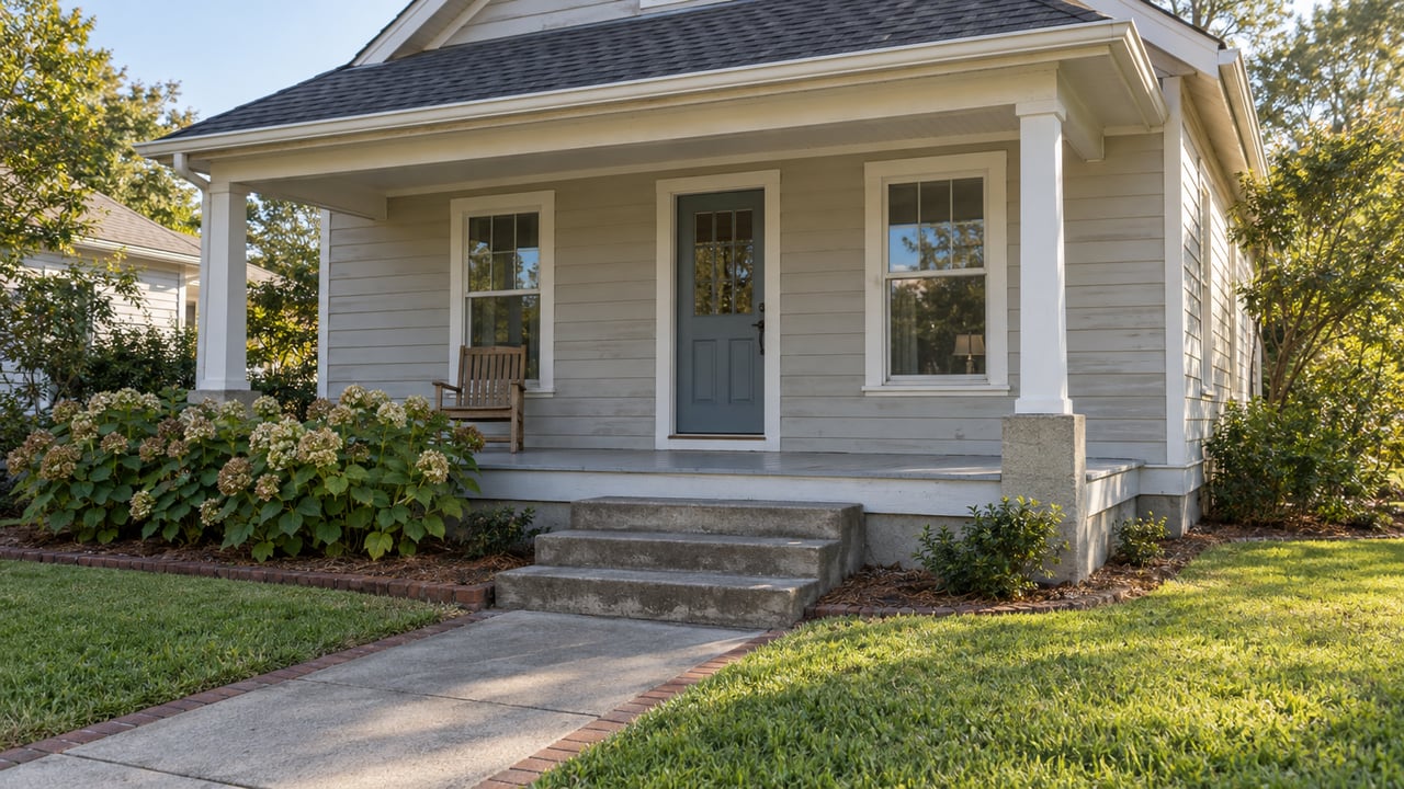 Morning light on a gray-sided cottage with a white covered porch, blue door, concrete steps, and small planted front yard.