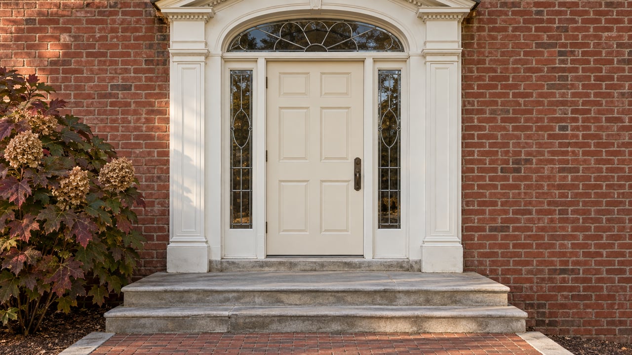 White classical doorway with paired leaded-glass sidelights in weathered red brick, above limestone steps and a bordered brick walk.