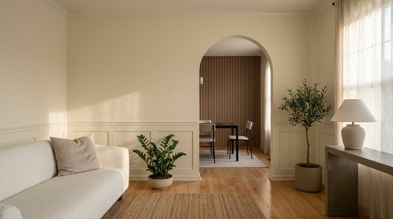 Great room with a white bouclé sofa, jute rug, and arched opening to a dining nook.