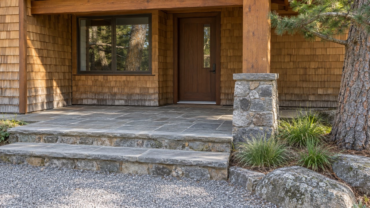 Warm cedar entrance with a timber porch post, fieldstone pier and broad stone steps beside a pine and sedges.