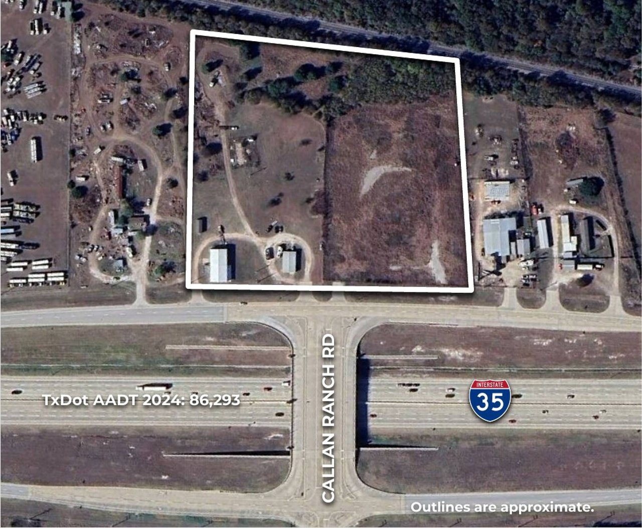 Aerial view of an outlined undeveloped parcel beside Callan Ranch Road and Interstate 35.