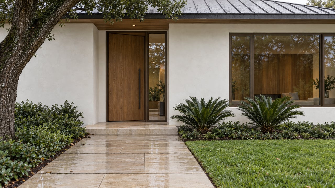 White stucco home with a recessed wood door, bronze-framed windows, limestone pavers, and rain-darkened planting beds.