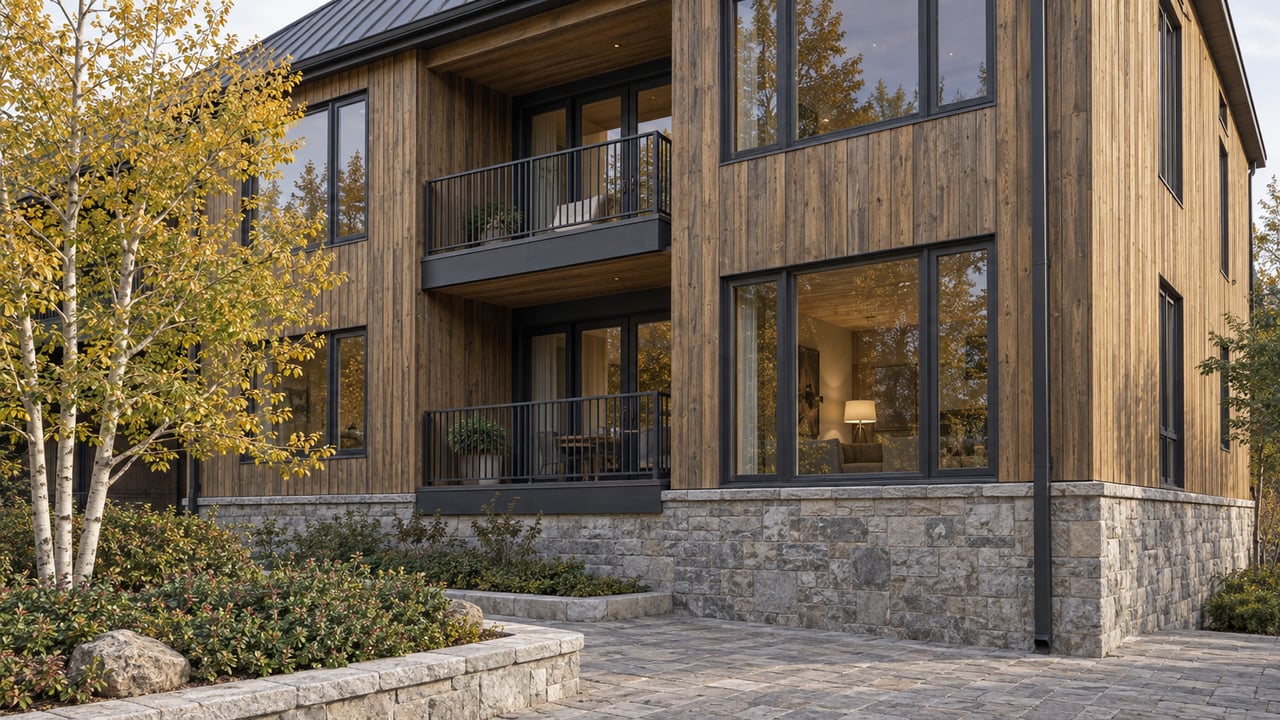 Three-story condominium with honey-brown timber siding, limestone base, two balconies, and a golden-leaved aspen.