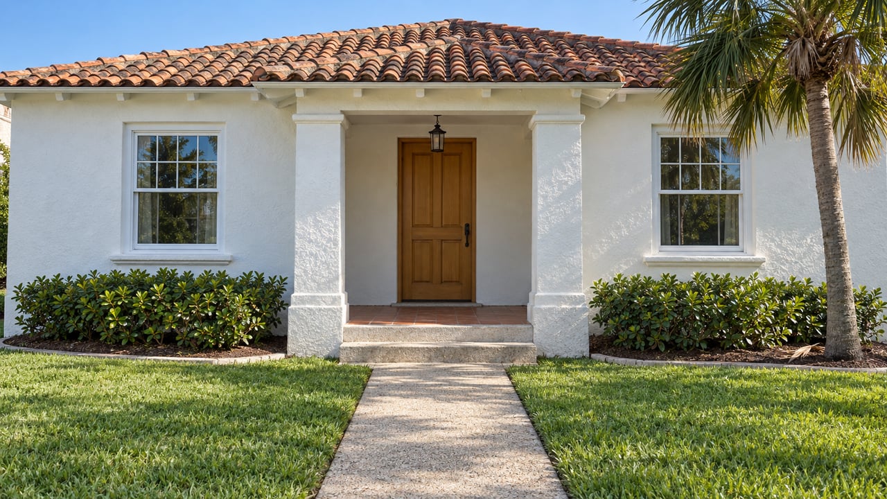 White stucco home with a terracotta roof, paired windows and a shaded front porch beyond a deep lawn and shell-aggregate path.