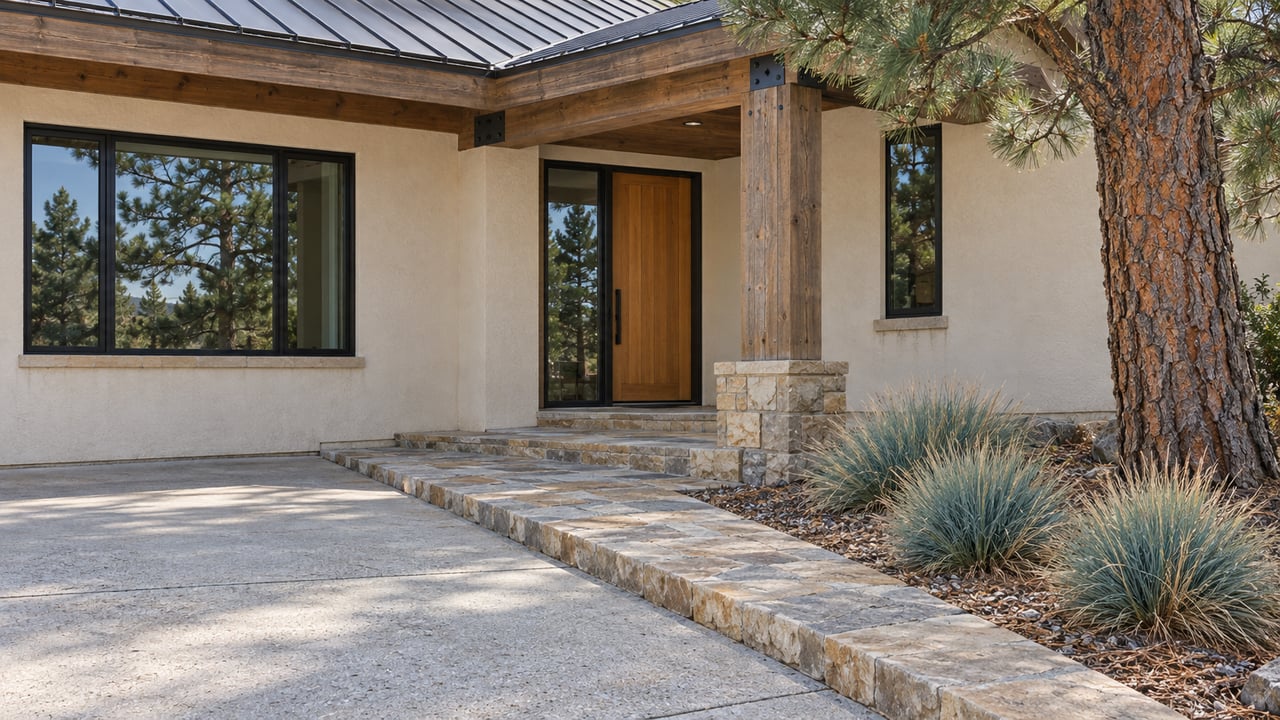 Cream stucco and timber home entry with sandstone steps, a broad concrete approach and a mature ponderosa pine.