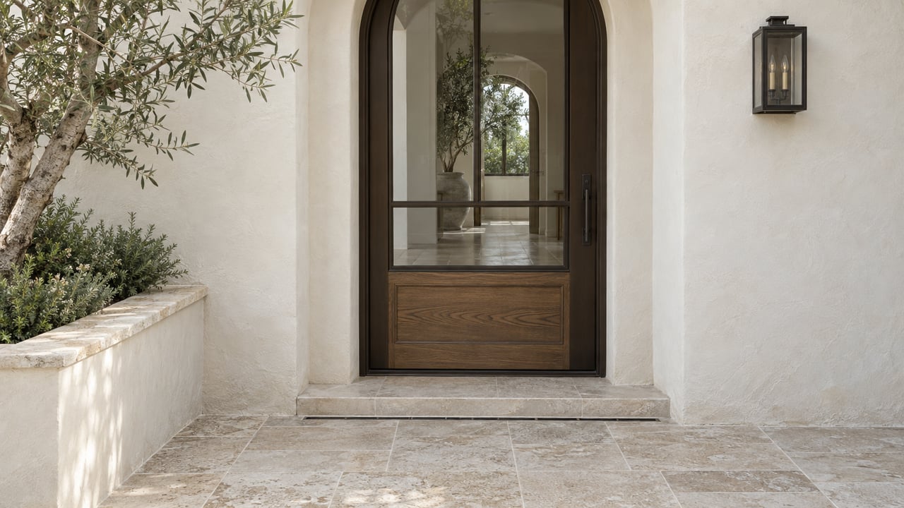Recessed glazed oak entry door beneath a cream-stucco arch, with limestone paving and an olive tree at left.