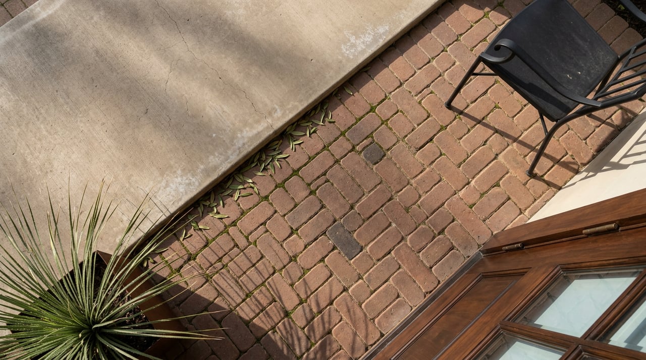 Concrete porch slab meets herringbone brick pavers beside a walnut door, iron chair, and steel planter with Texas sotol.