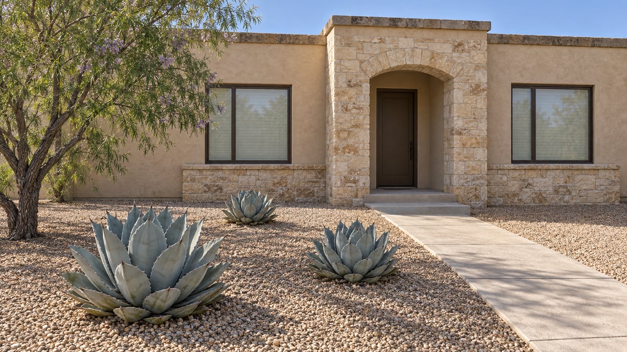 Sandy stucco home with a limestone arched entry, broad gravel front garden, desert willow and three sculptural agaves in clear daylight.