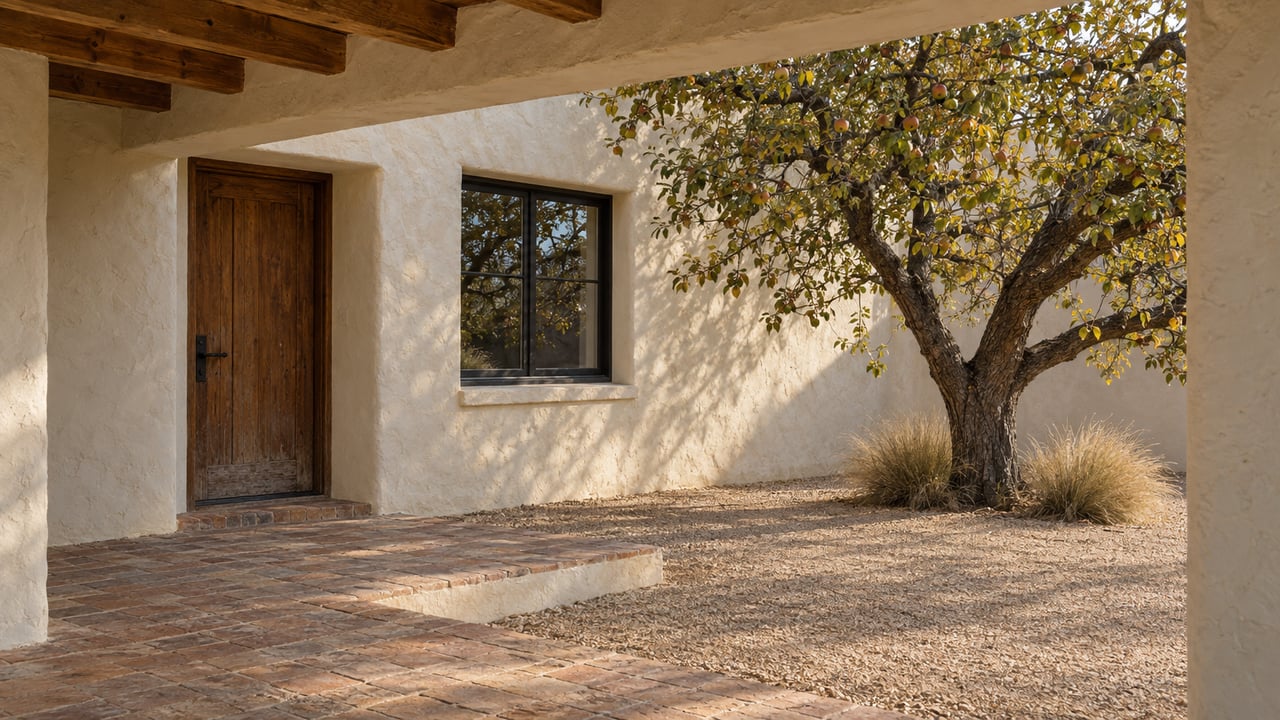 Rustic stucco porch with a wooden door, brick step, and mature apple tree beside a gravel court.