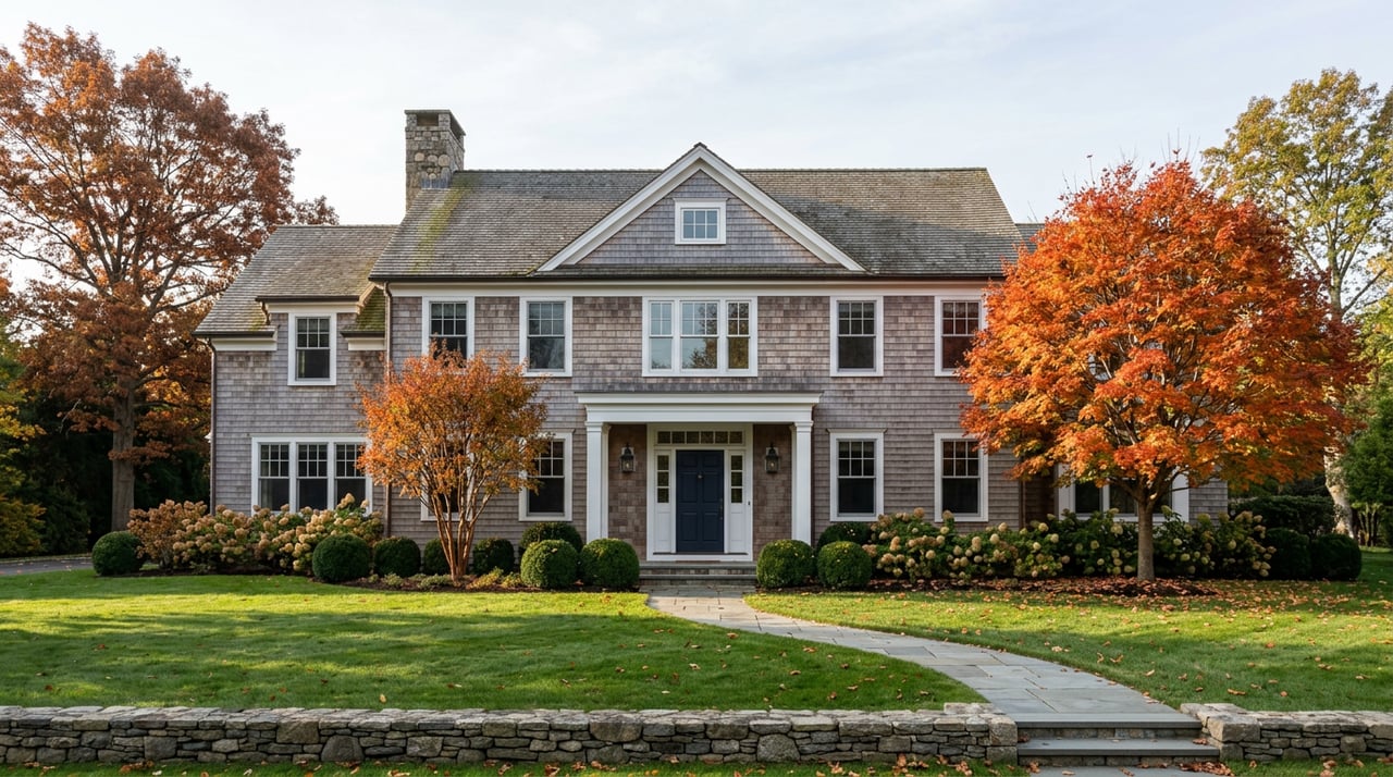 Shingle-style estate behind a curving bluestone path, framed by orange-red fall foliage and a broad lawn.