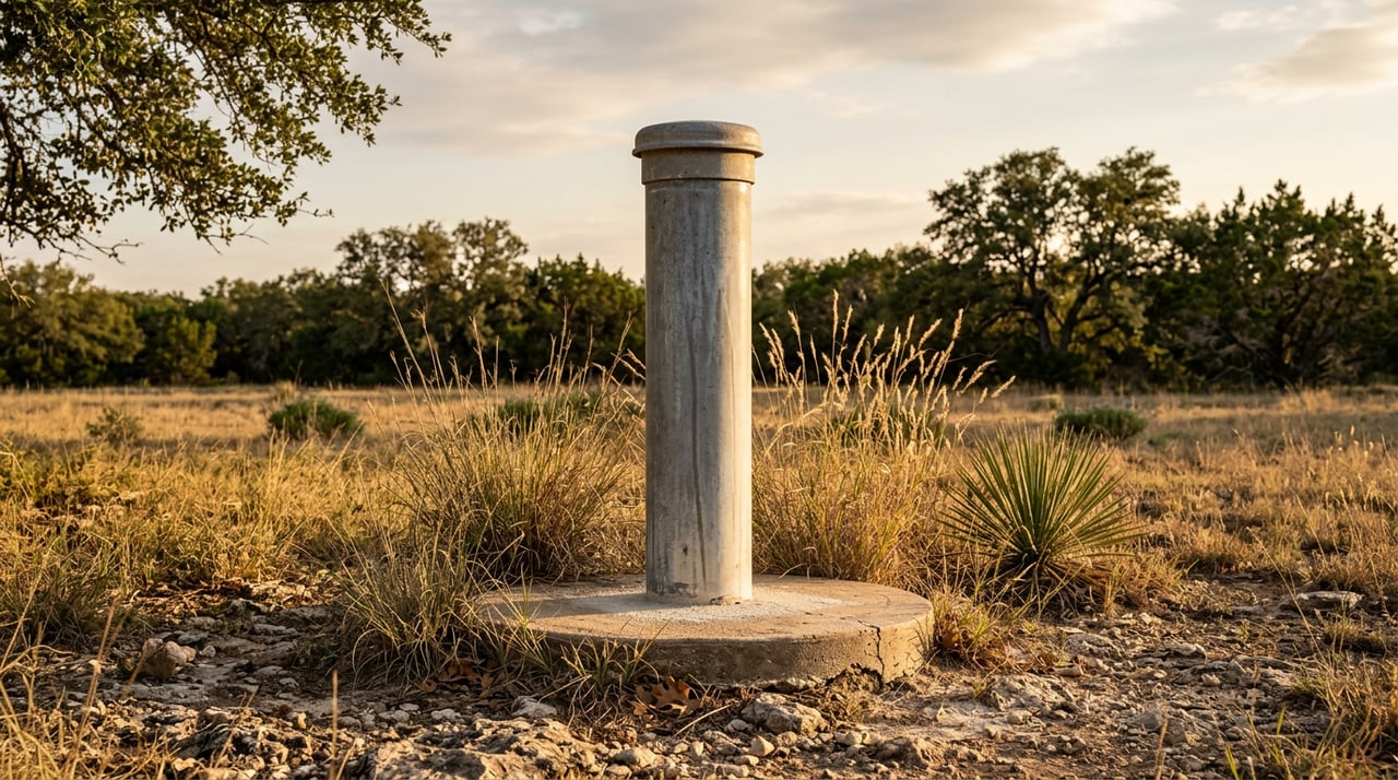 Galvanized well casing with a weathered cap stands among native grasses before a juniper-oak tree line.