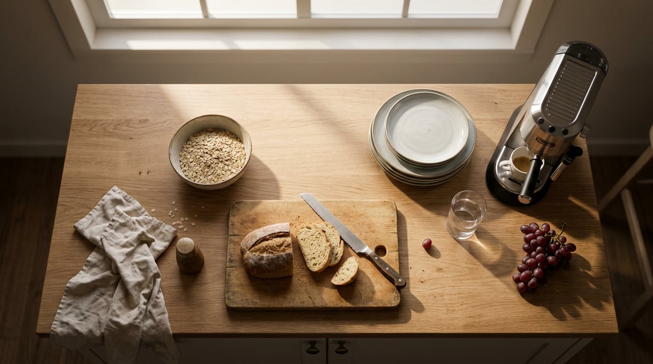 Honed marble kitchen island with lemons, a serviceberry branch, linen, cast iron pan, and soft window shadows.