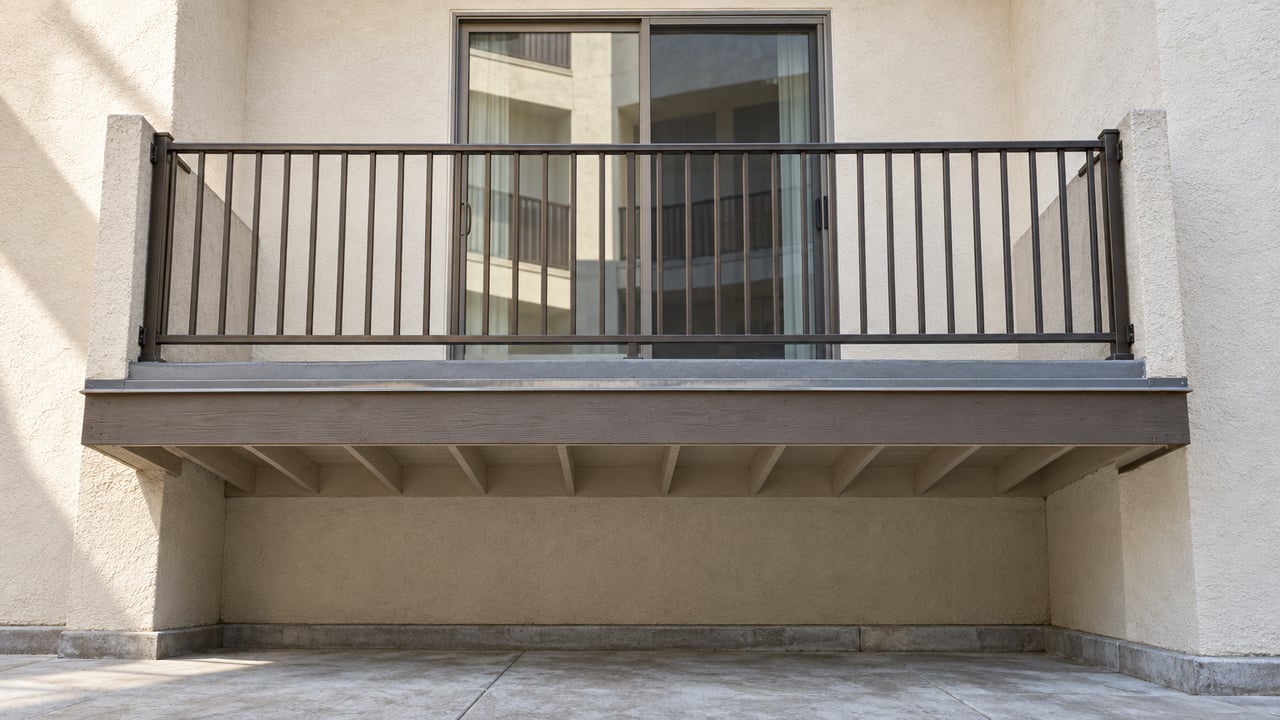 Second-floor condominium balcony with a bronze picket guard, timber fascia, and sliding glass door.