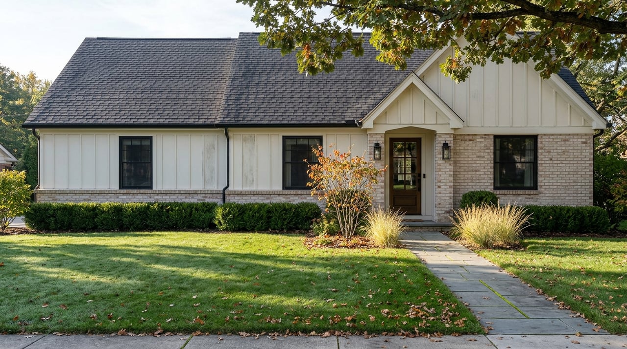 Two-story white-and-brick house behind a deep lawn, with a diagonal bluestone walk and oak canopy overhead.