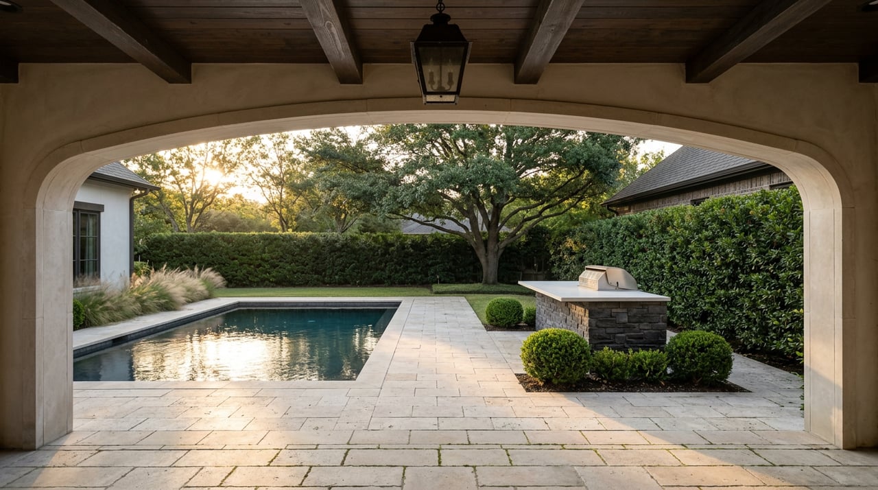 Pool and stone outdoor kitchen framed by a limestone arch, beneath an oak canopy.