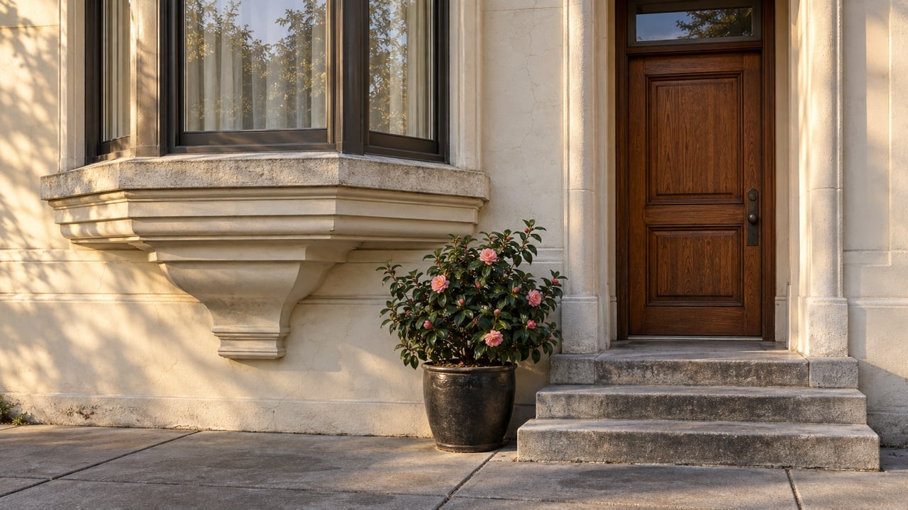 Edwardian townhouse facade with a projecting bay window, recessed oak doorway, stone steps, and a potted camellia.