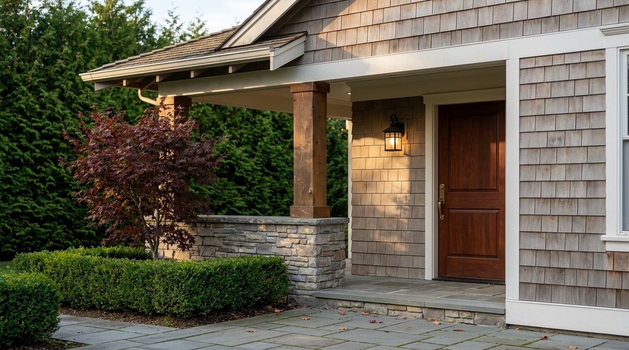 Craftsman entry with a stained wood door, timber post on a stone pier, and burgundy maple beside bluestone steps.