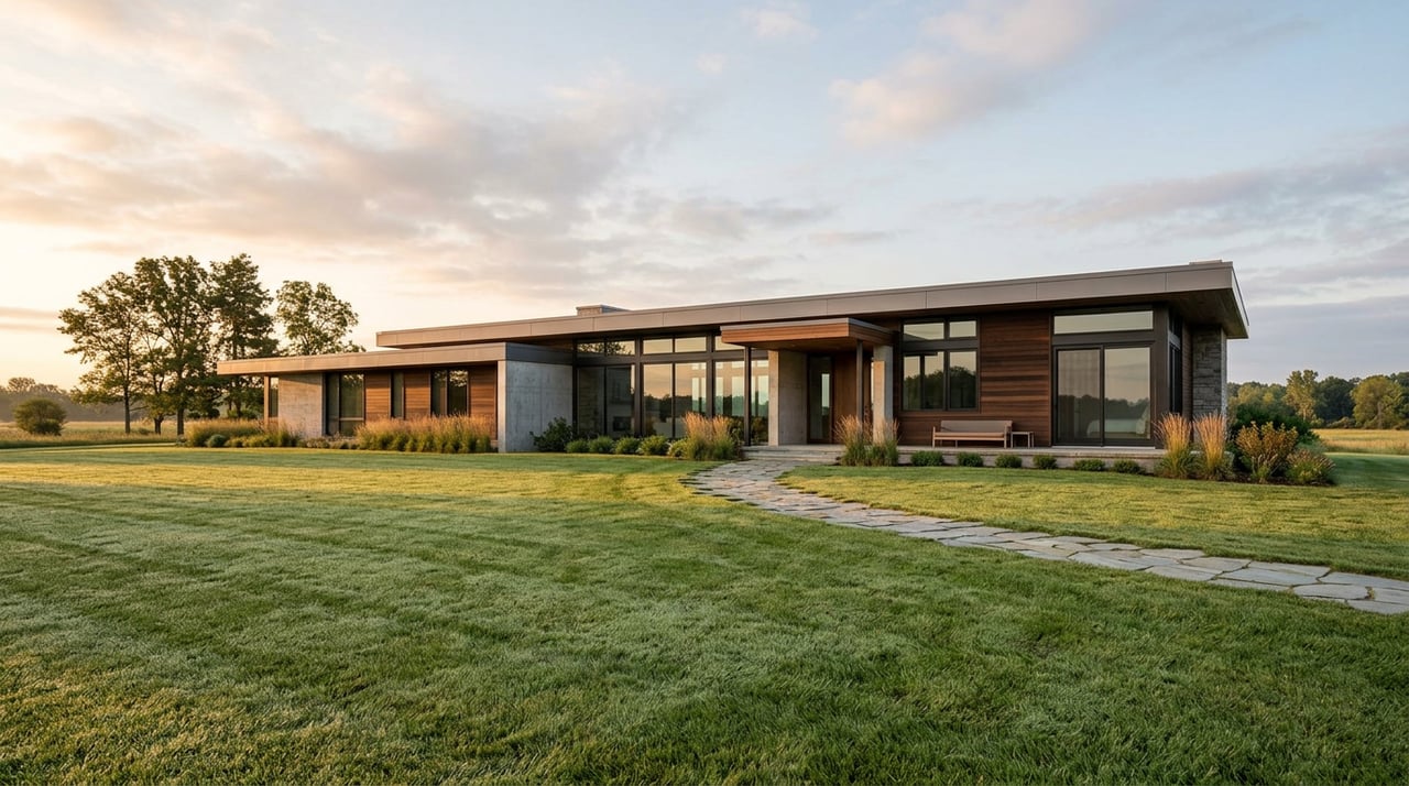 Modern single-story home with white plaster, warm wood siding, and black-framed windows behind a broad lawn.