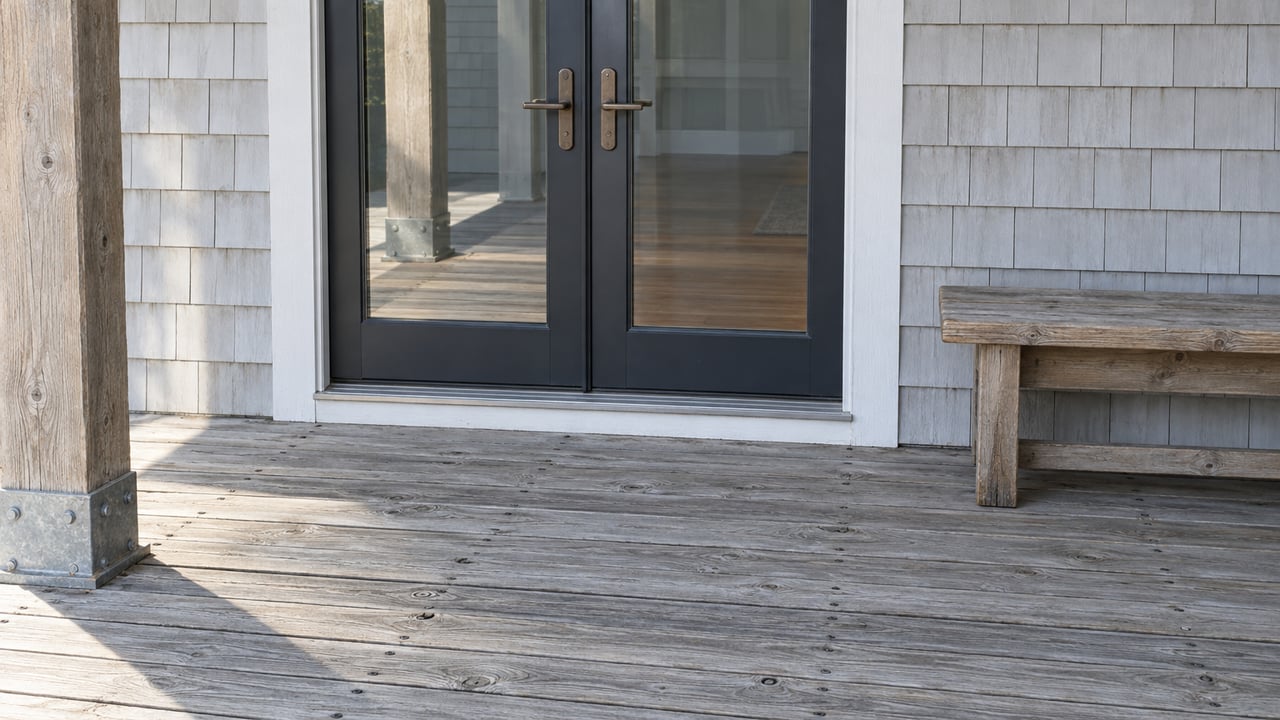 Weathered wood decking and a cedar bench outside paired glass doors on a pale-gray shingled home's covered porch.