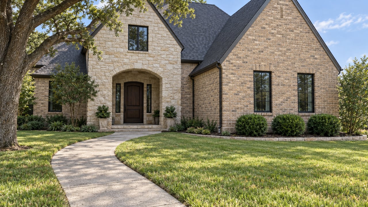 Broad lawn and curved concrete walk leading to an arched limestone entrance on a warm brick home with dark gabled roofs.