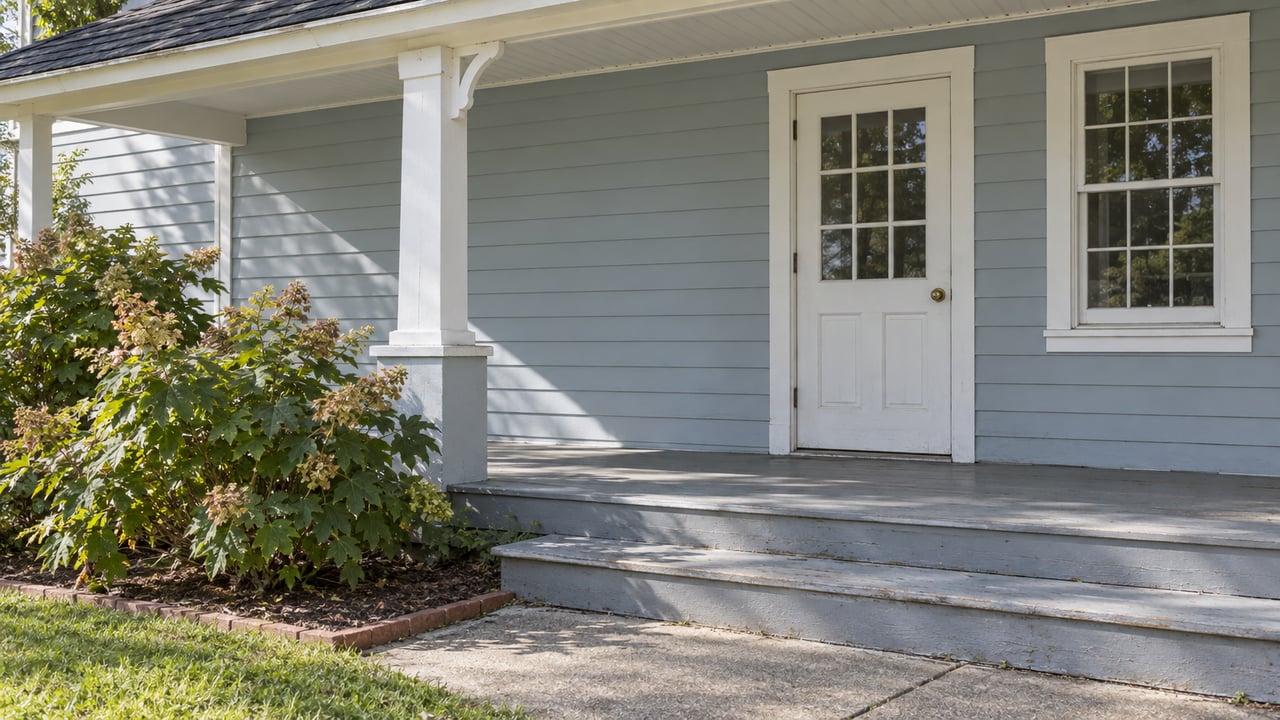 House entrance with a white door, covered porch, wide steps, and shrubs along the walkway.