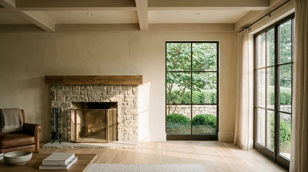 Fieldstone fireplace beneath a coffered ceiling, with a leather armchair and garden tree visible through a tall window.