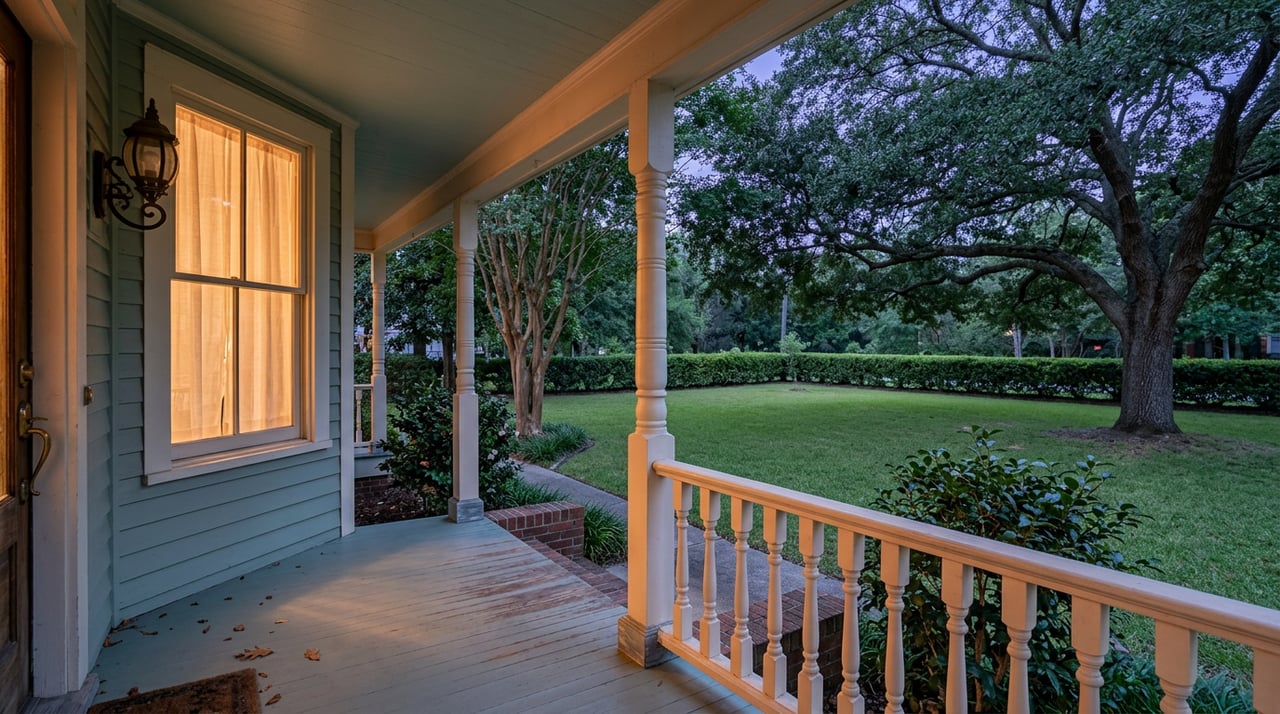 Covered porch railing overlooks a deep lawn and clipped hedge beneath broad trees at blue-violet dusk.