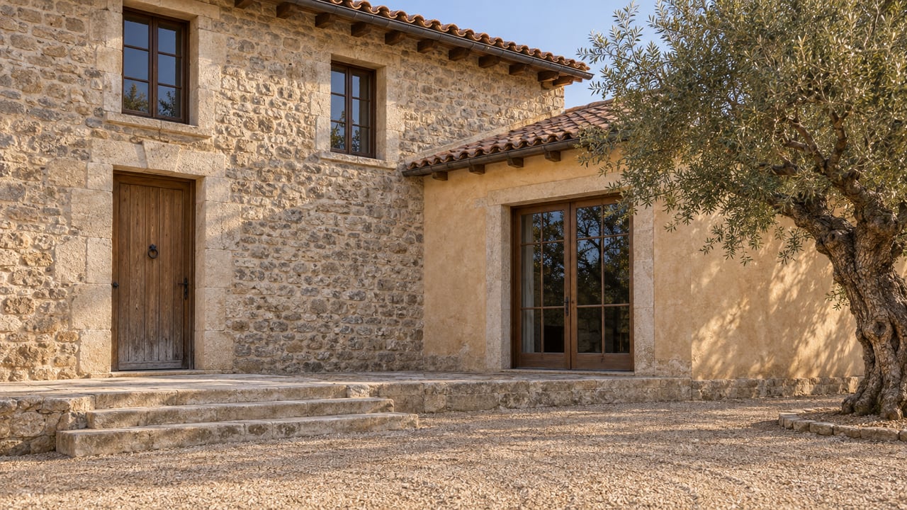 Weathered stone estate house with an oak entry, clay-tile roof and limestone steps beside a mature olive tree.