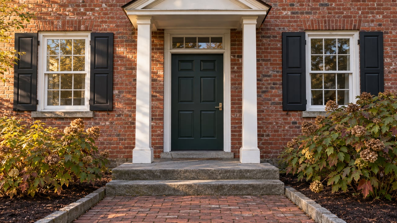 Brick house entrance with a dark green door, white columns, and a brick walkway framed by autumn shrubs.