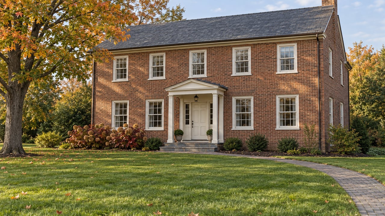 Balanced two-story brick home behind a deep green lawn, with a slate roof, white entry portico and an orange-leaved maple.